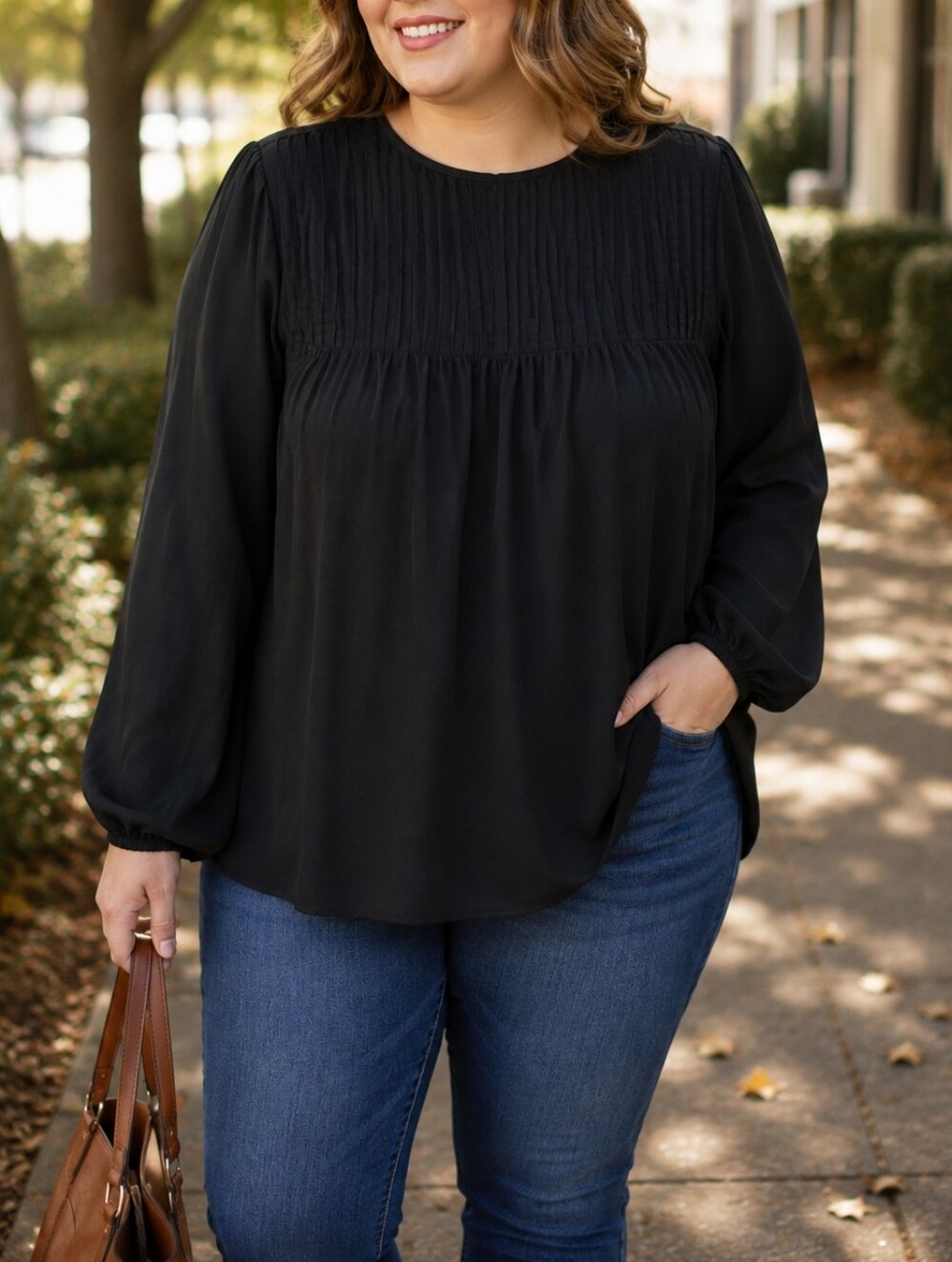 NWT Addition Elle Plus Size Black Pintuck Blouse | Sheer Sleeve Flowy Top 1X